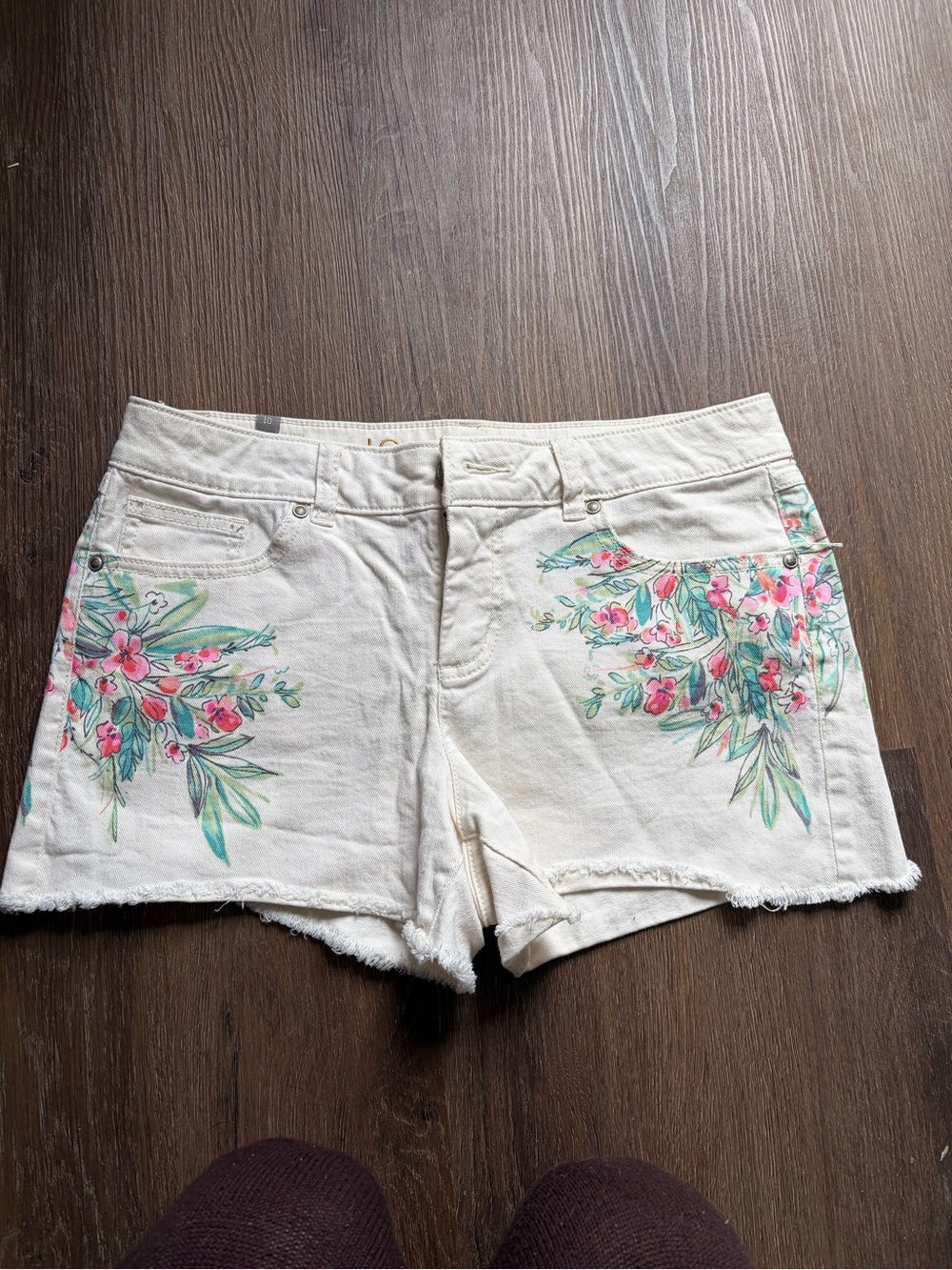 LC Lauren Conrad Cream Denim Shorts with Pink & Green Floral Embroidery